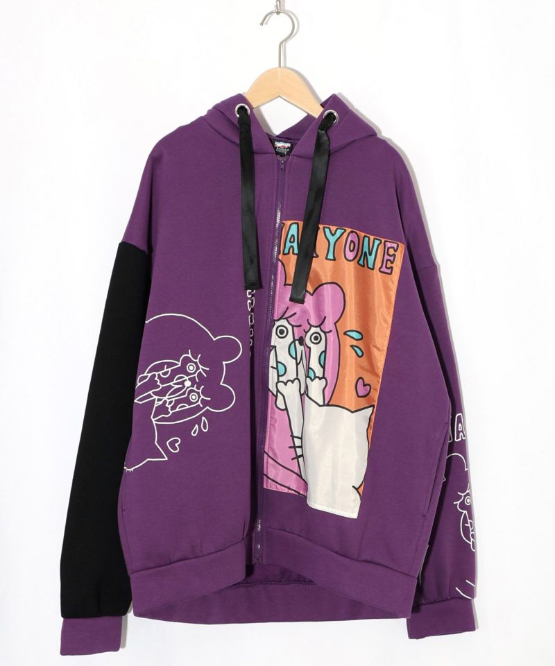 ネコとクマとチンアナゴ柄 リメイク風裏起毛パーカー-11