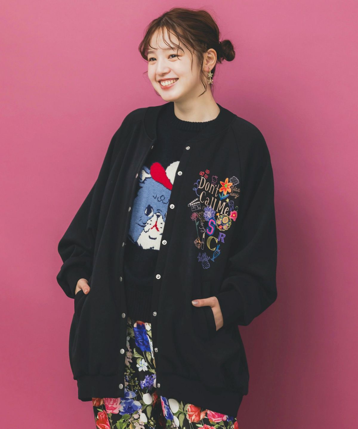 ポップ柄裏起毛裏毛×フライスブルゾン-1