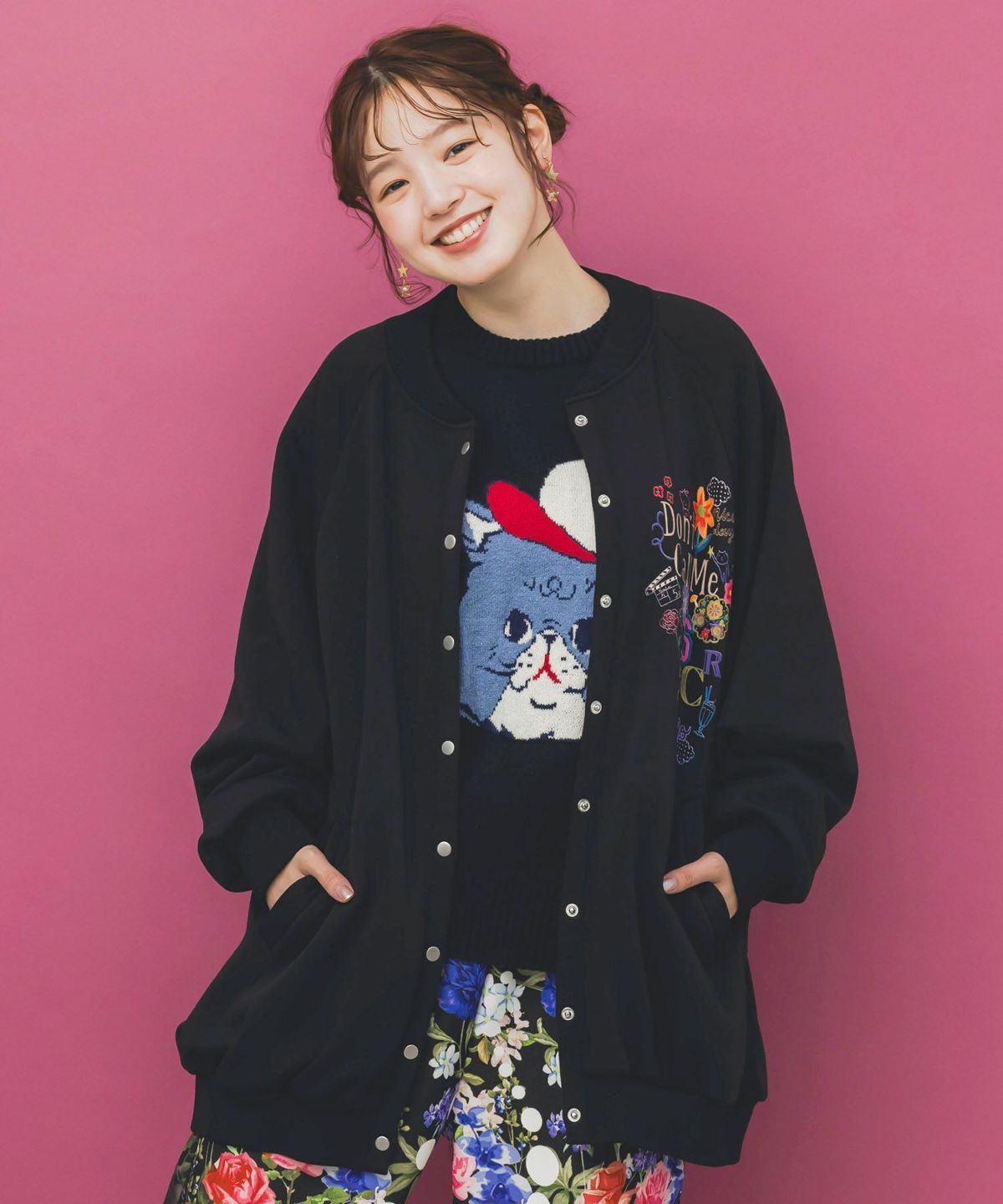 ポップ柄裏起毛裏毛×フライスブルゾン-4