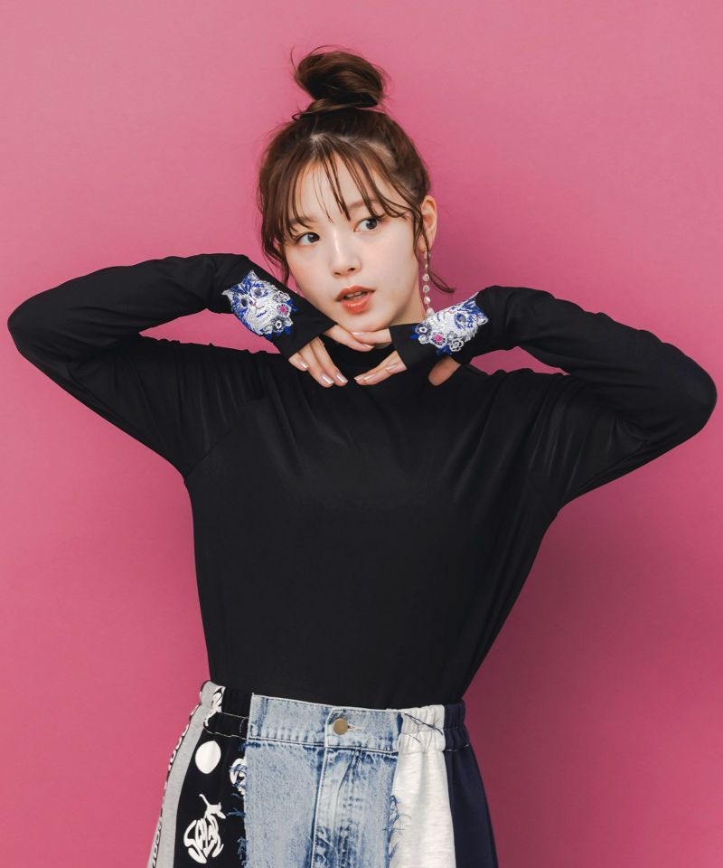 ネコ刺繍袖×メロウ裏起毛スムースインナー-1