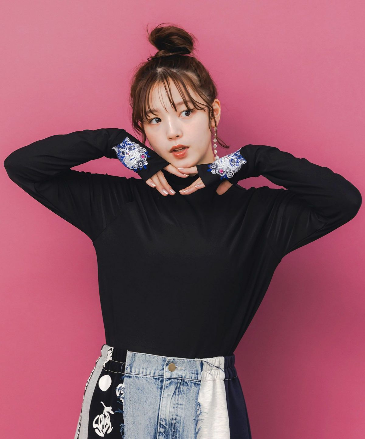 ネコ刺繍袖×メロウ裏起毛スムースインナー-1