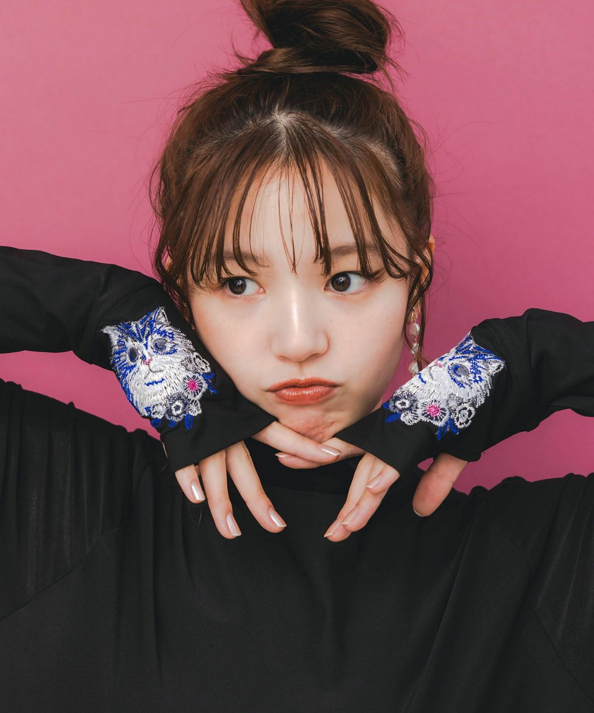 ネコ刺繍袖×メロウ裏起毛スムースインナー-2