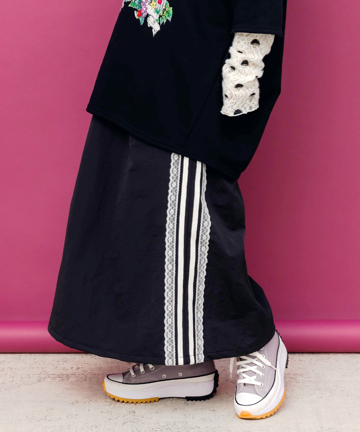 153719：レース×ライン入りナイロンワッシャースカートの通販-ScoLar