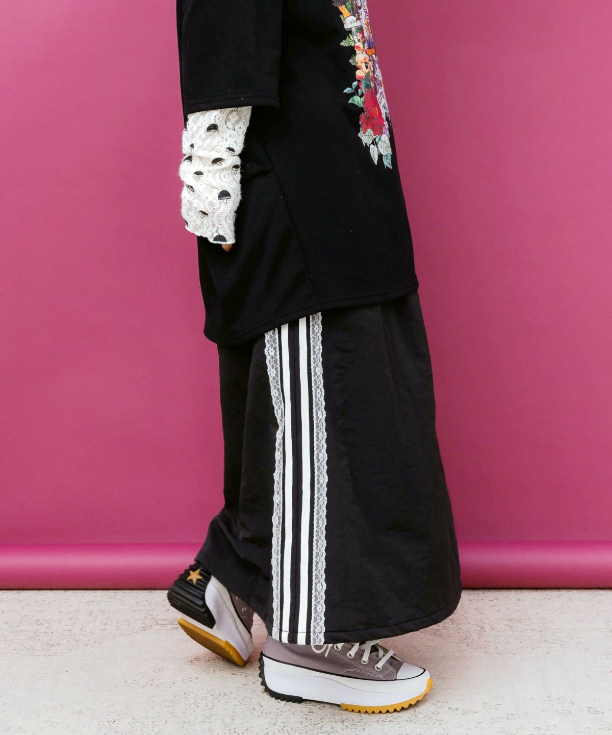 レース×ライン入りナイロンワッシャースカート-4