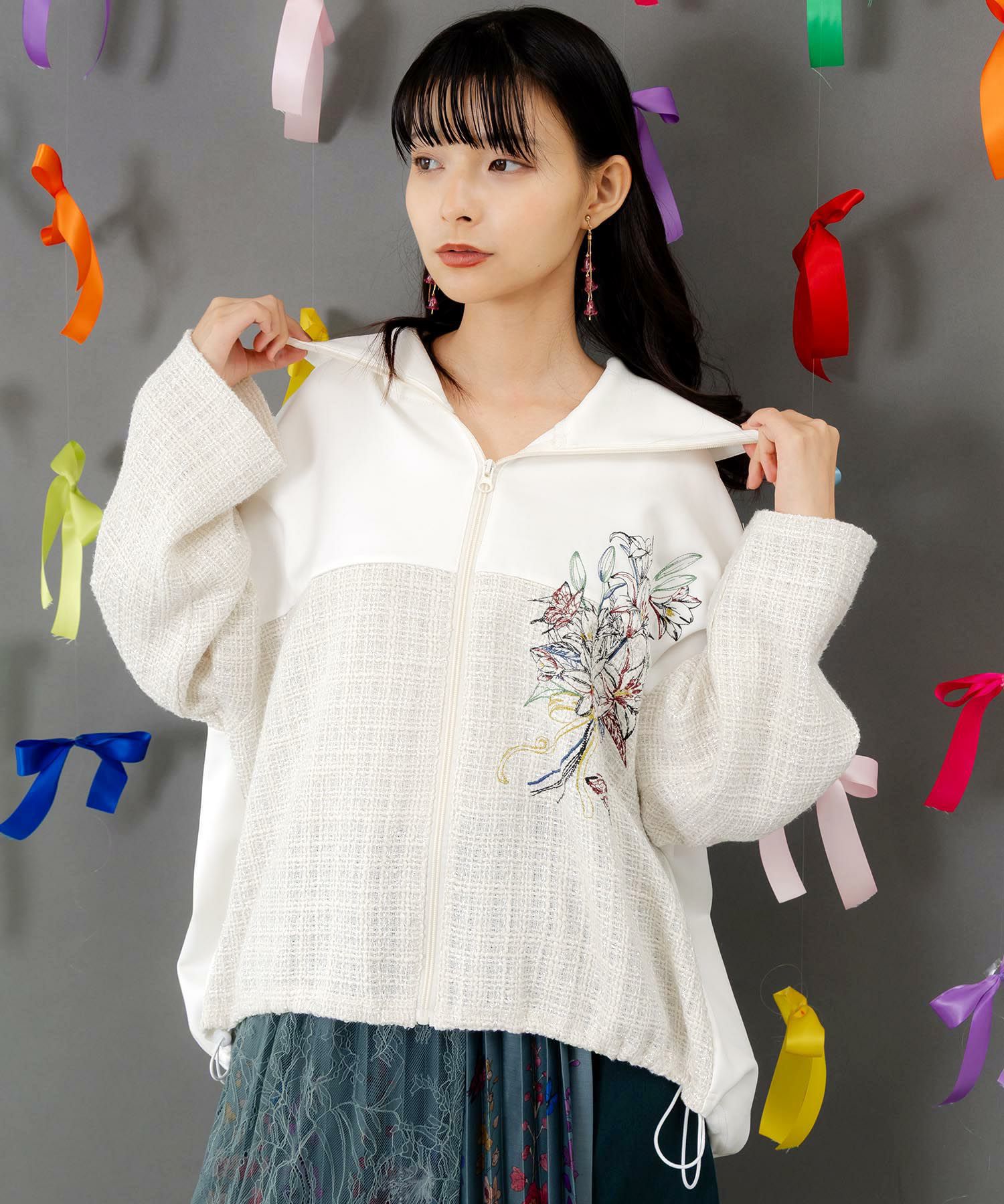 ダンボールニット×ツイード花刺繍ブルゾン-1