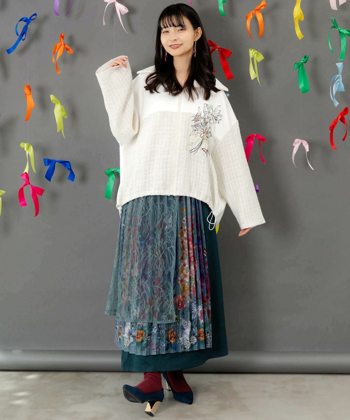 ダンボールニット×ツイード花刺繍ブルゾン-2