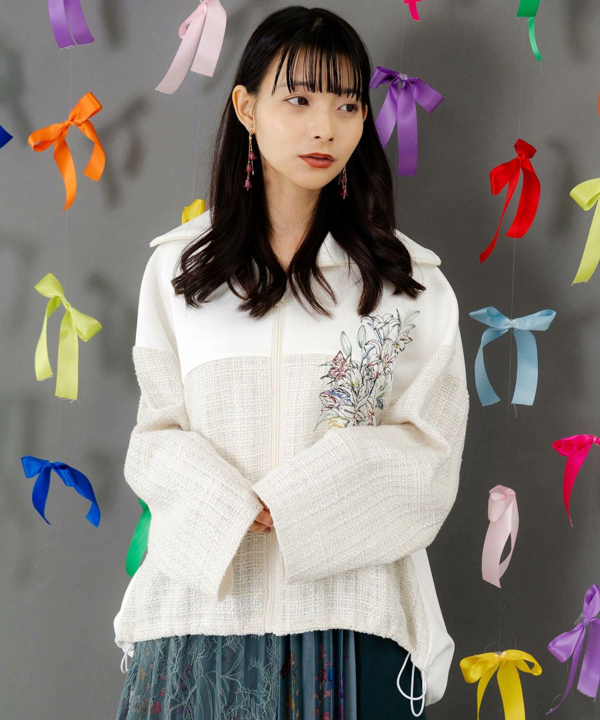 ダンボールニット×ツイード花刺繍ブルゾン-3