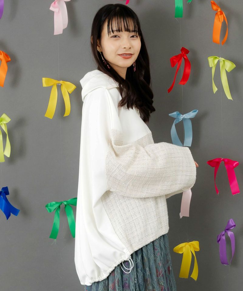 ダンボールニット×ツイード花刺繍ブルゾン-4