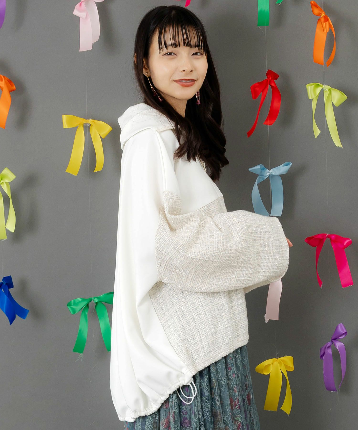 ダンボールニット×ツイード花刺繍ブルゾン-4