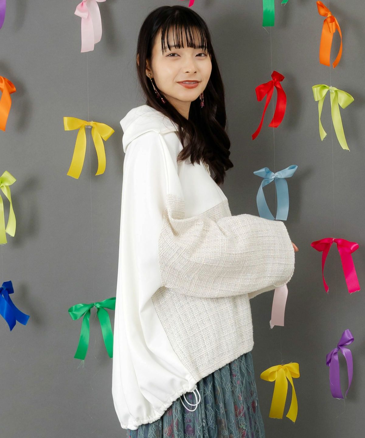 ダンボールニット×ツイード花刺繍ブルゾン-4