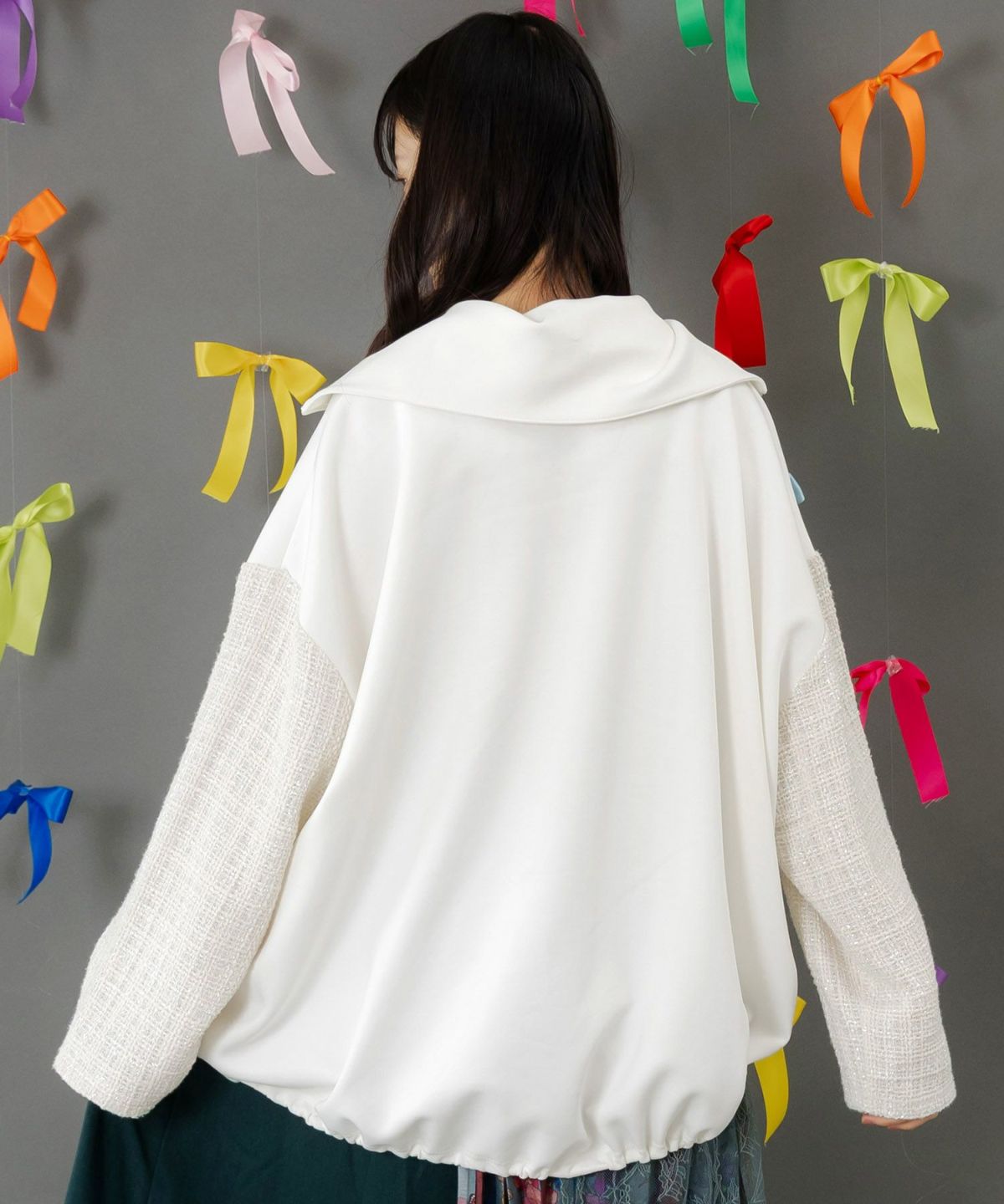 ダンボールニット×ツイード花刺繍ブルゾン-5