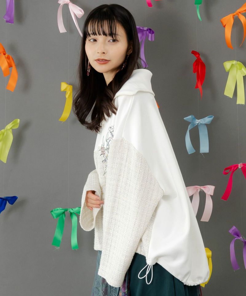 553294：ダンボールニット×ツイード花刺繍ブルゾンの通販-ScoLar