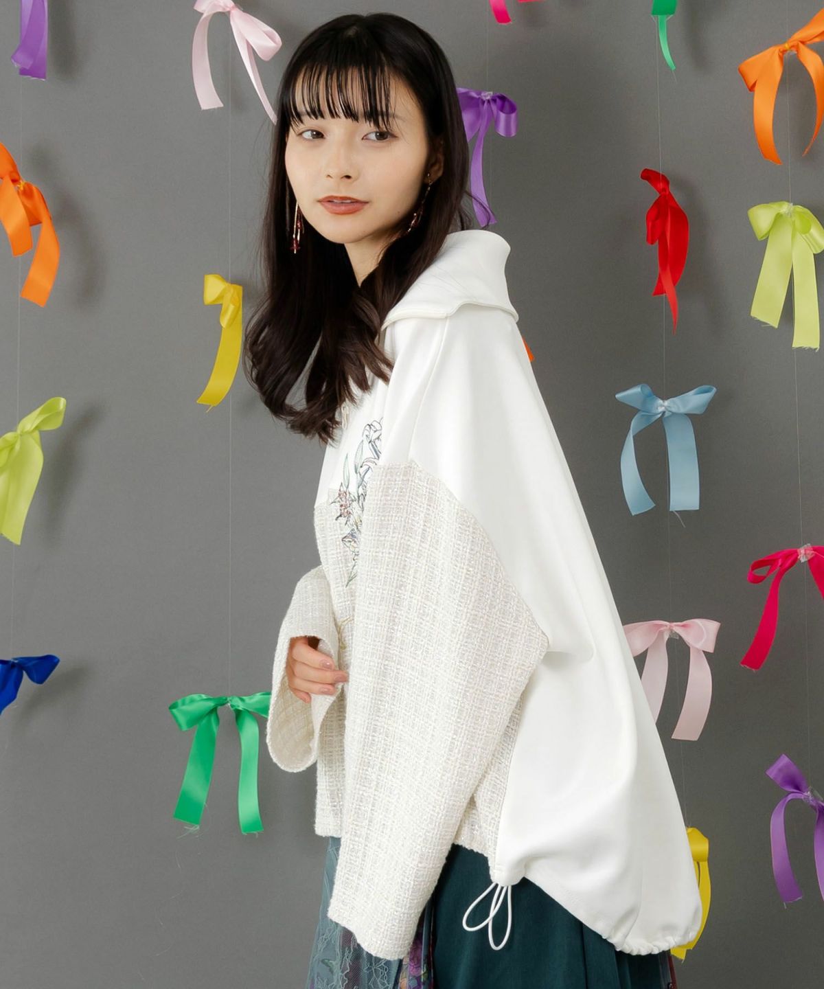 ダンボールニット×ツイード花刺繍ブルゾン-6