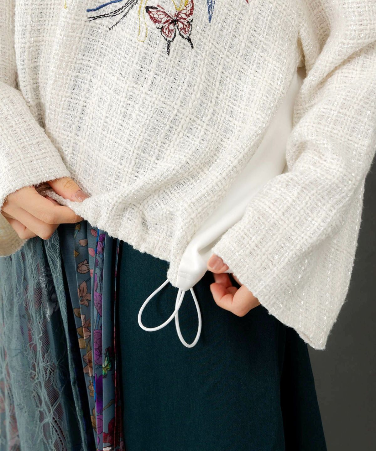 ダンボールニット×ツイード花刺繍ブルゾン-8