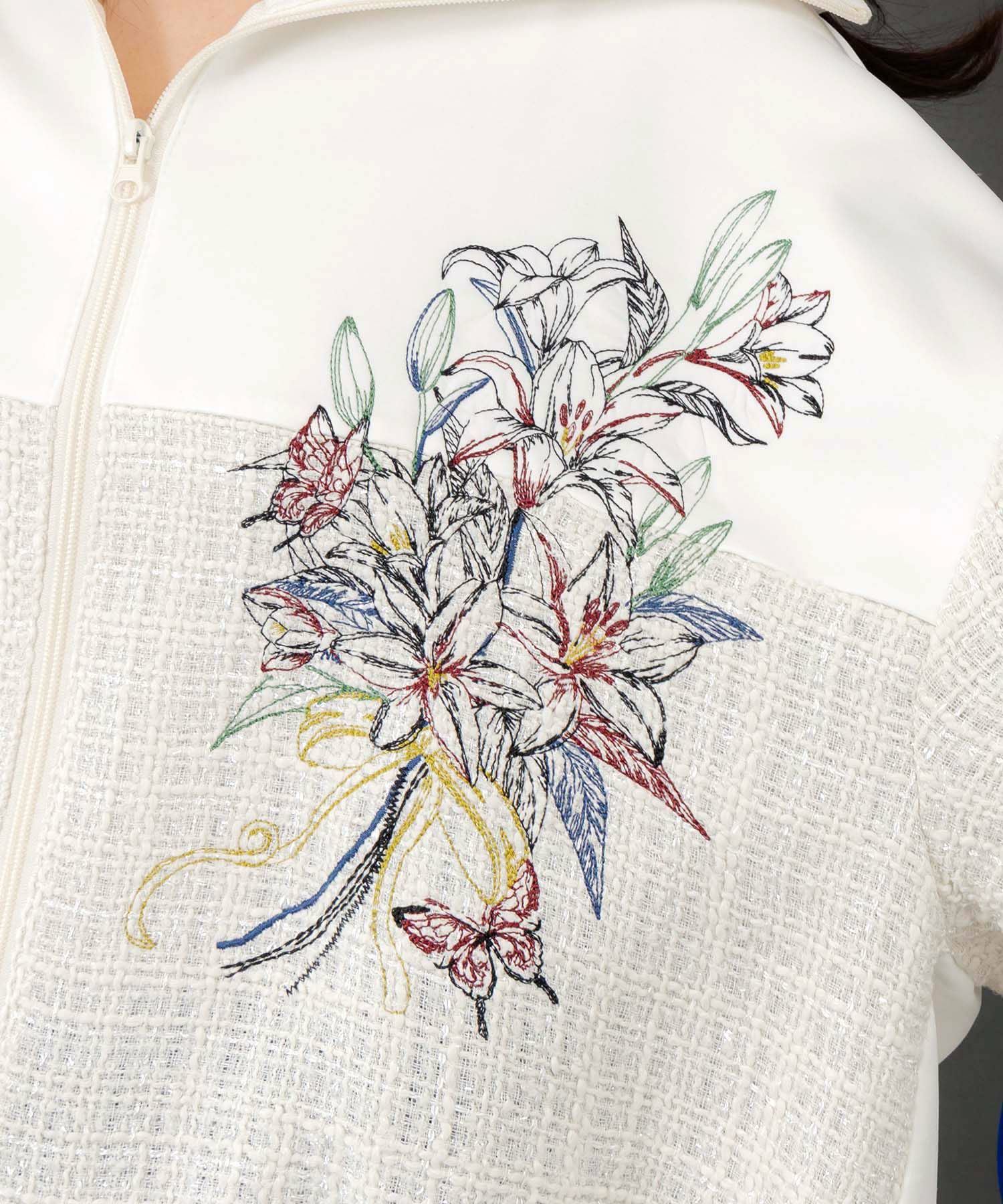 553294：ダンボールニット×ツイード花刺繍ブルゾンの通販-ScoLar