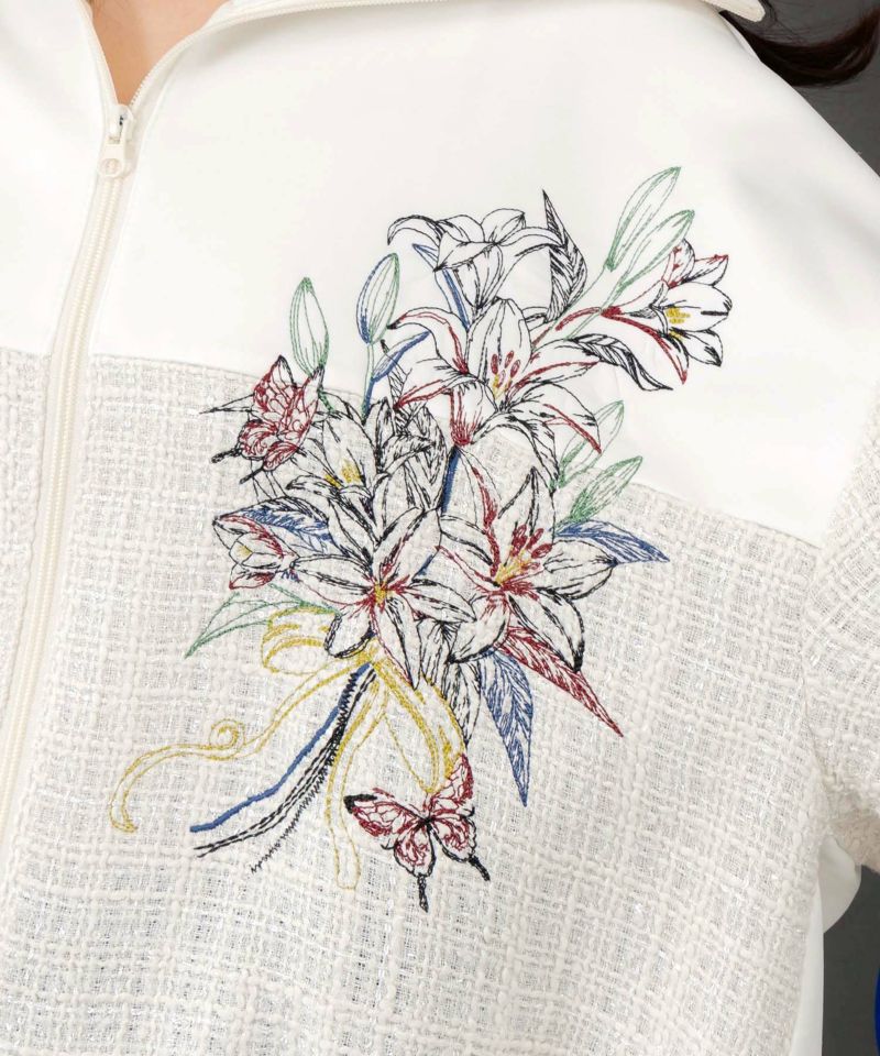 ダンボールニット×ツイード花刺繍ブルゾン-9