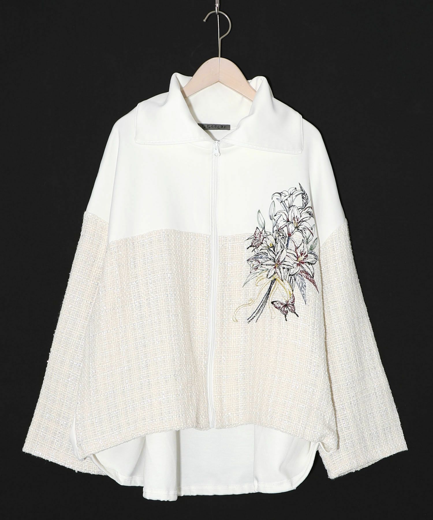 553294：ダンボールニット×ツイード花刺繍ブルゾンの通販-ScoLar