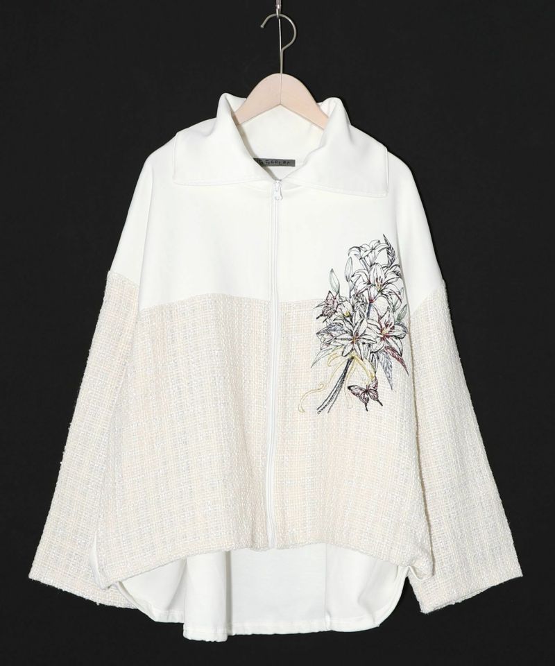ダンボールニット×ツイード花刺繍ブルゾン-10