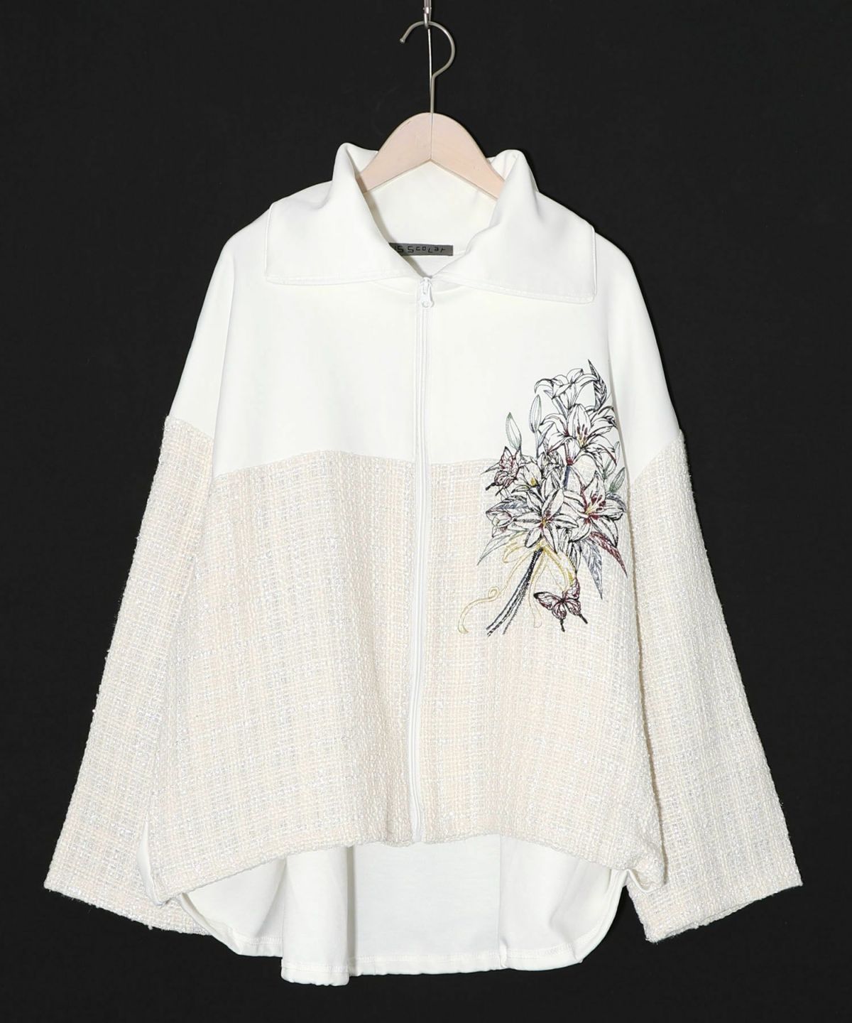 ダンボールニット×ツイード花刺繍ブルゾン-10