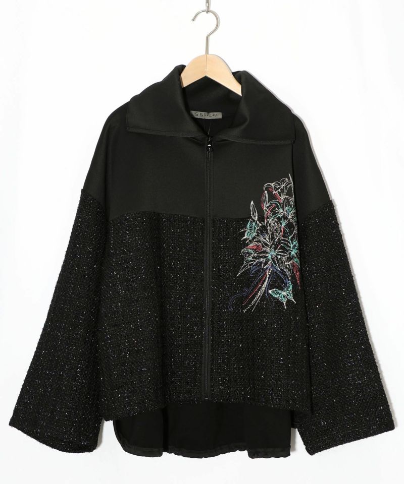 ダンボールニット×ツイード花刺繍ブルゾン-12