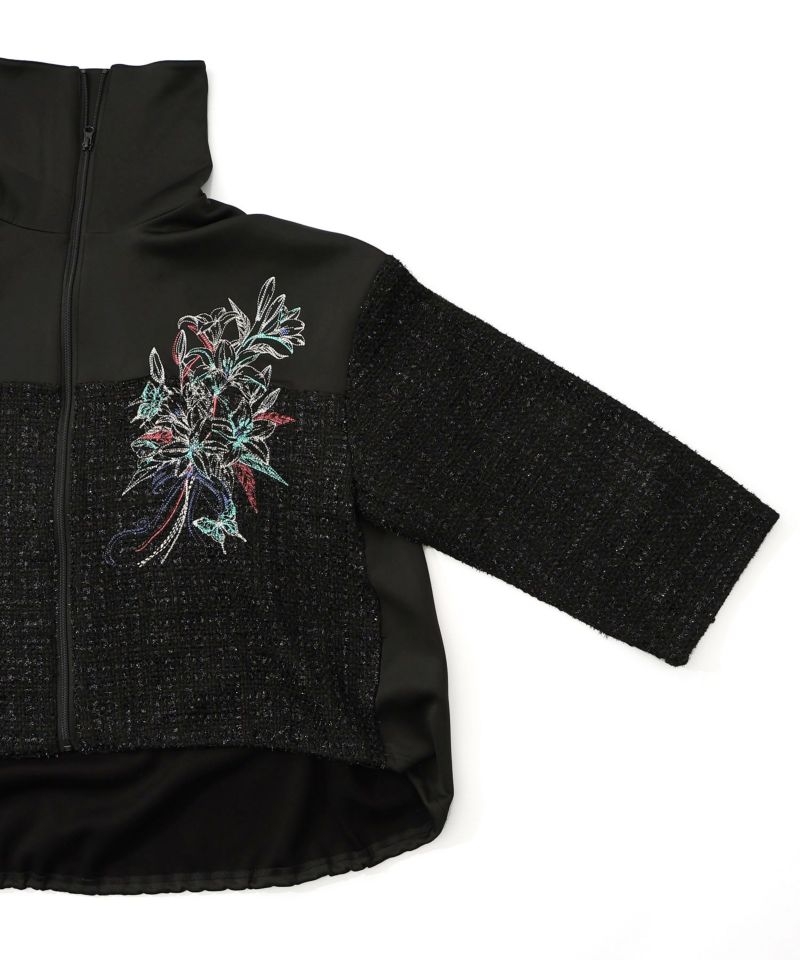 ダンボールニット×ツイード花刺繍ブルゾン-15