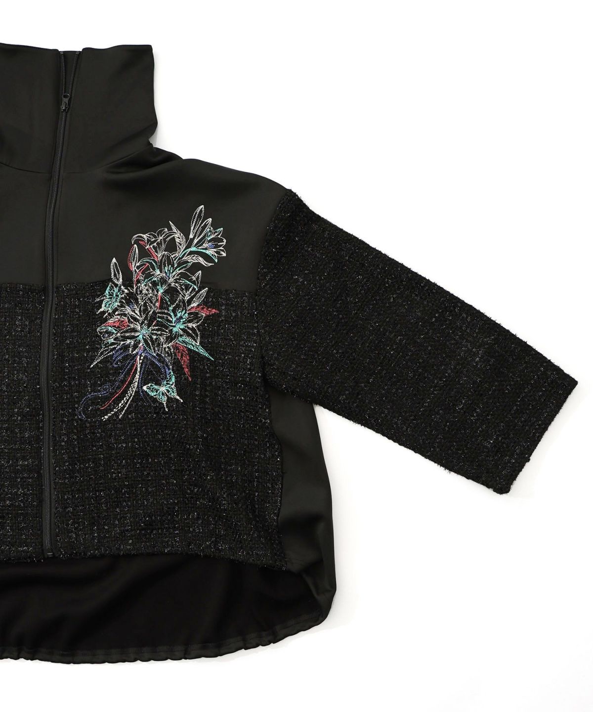 ダンボールニット×ツイード花刺繍ブルゾン-15