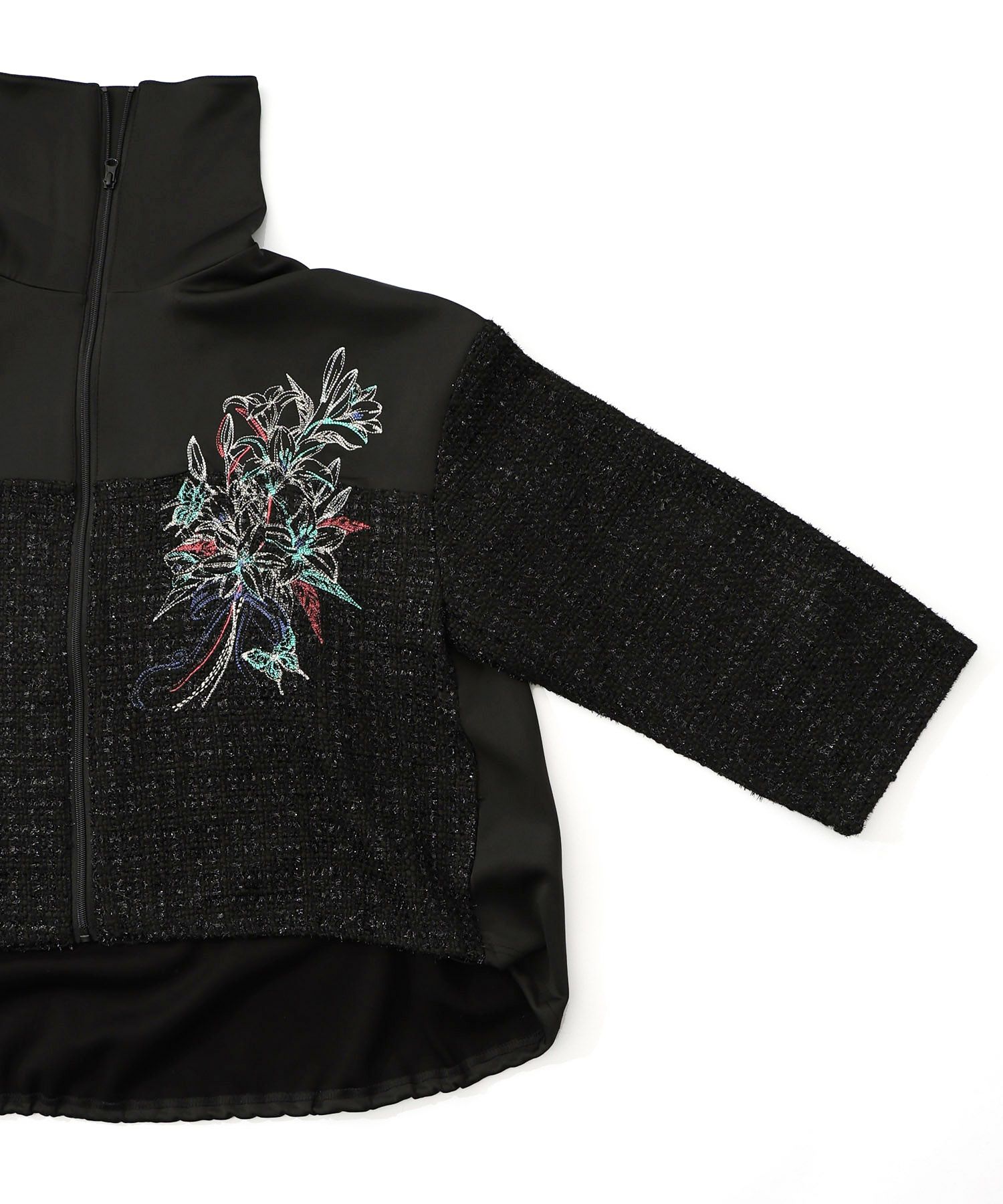 ダンボールニット×ツイード花刺繍ブルゾン-15