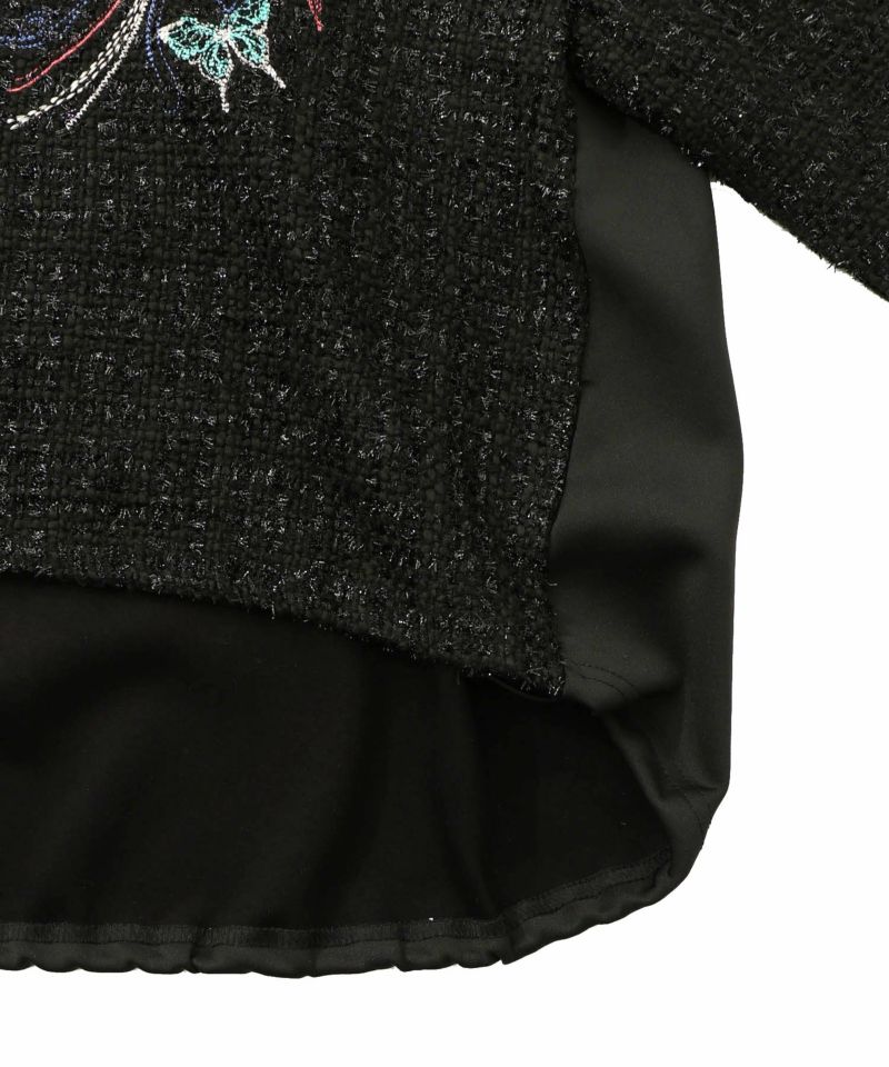 ダンボールニット×ツイード花刺繍ブルゾン-16