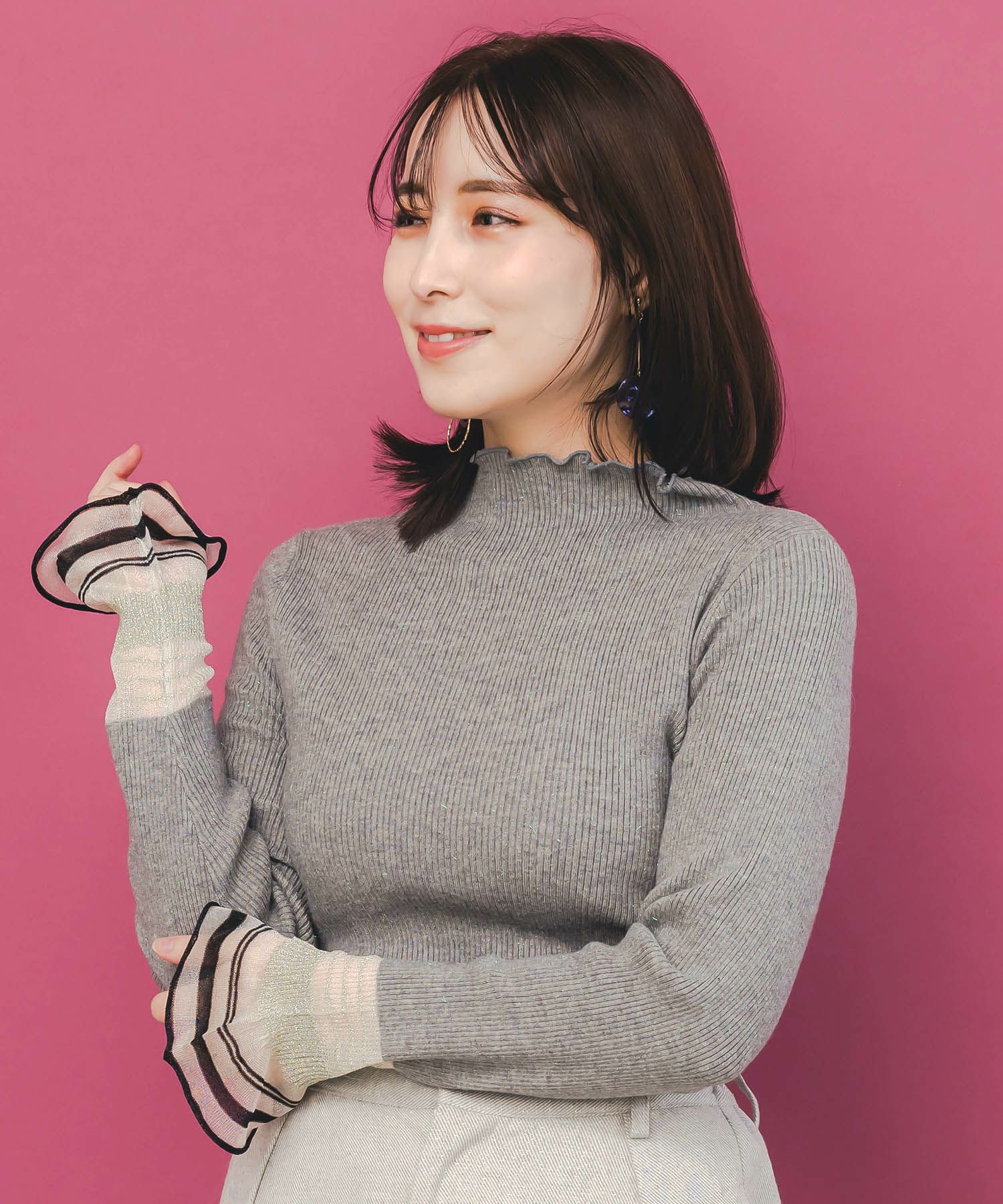 553258：ニット×シアー袖切替ロンTの通販-ScoLar