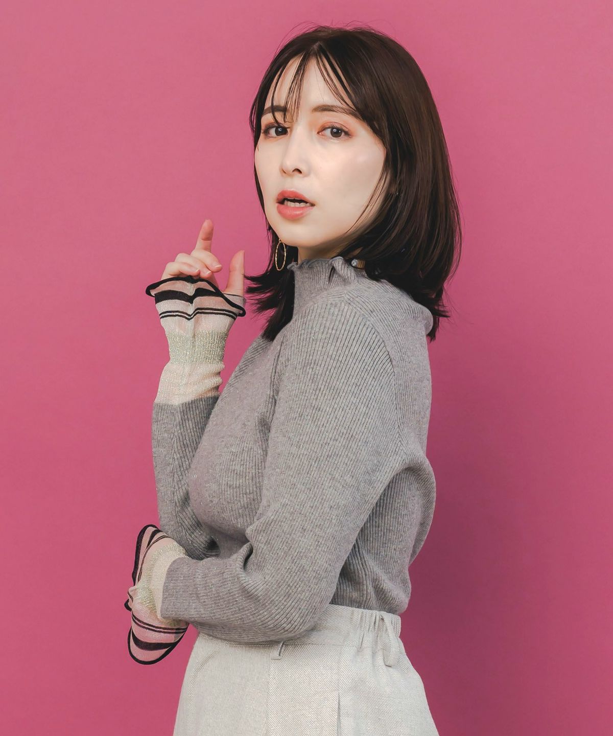 ニット×シアー袖切替ロンT-4