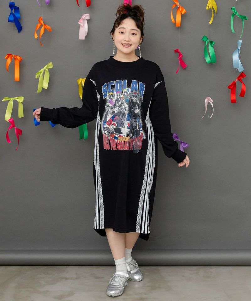 レースライン×ロック柄ミニ裏毛ワンピース-3