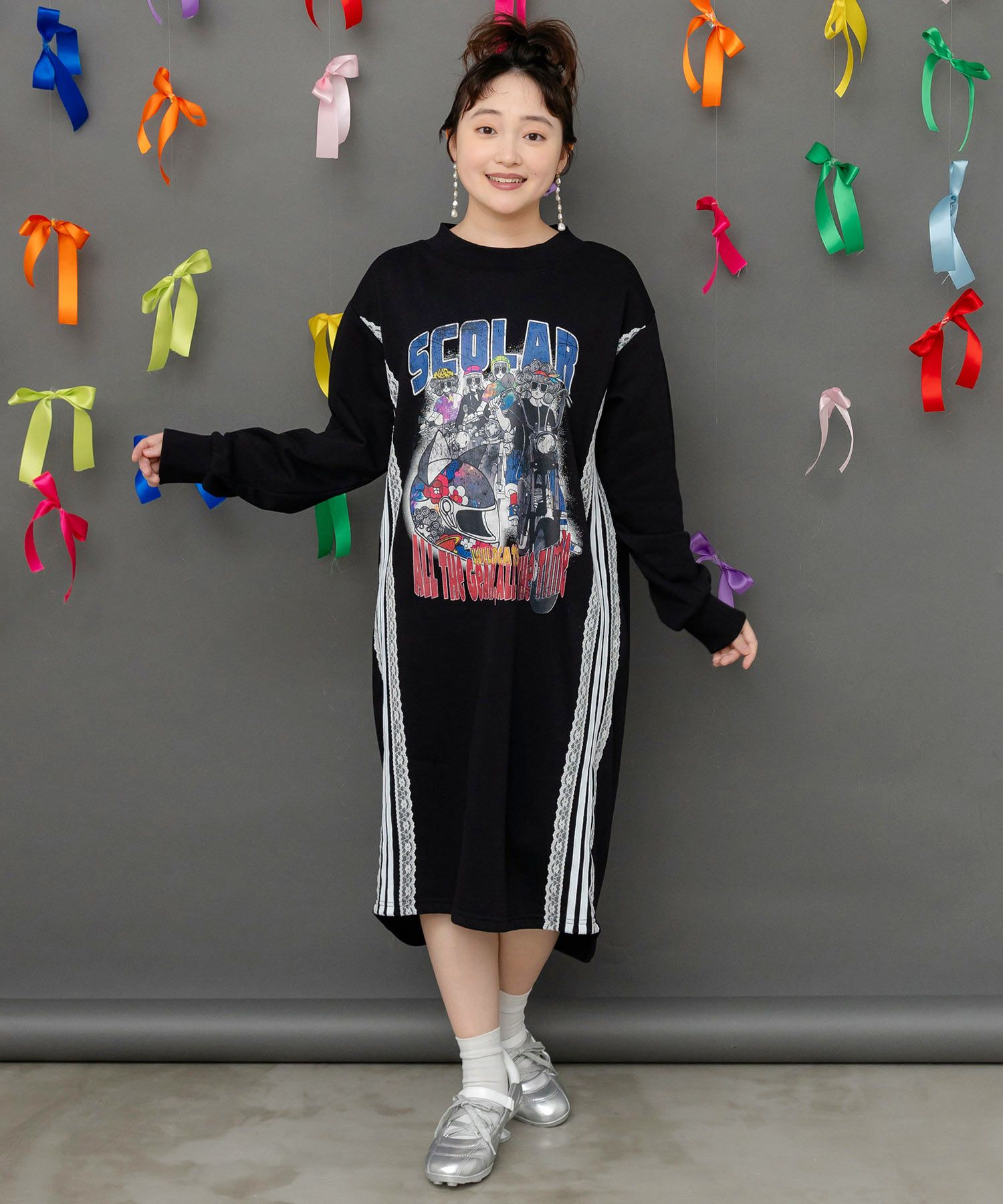 レースライン×ロック柄ミニ裏毛ワンピース-3