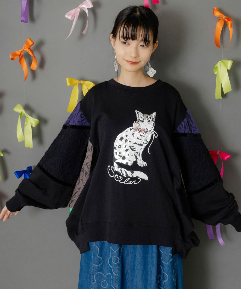 ネコ柄ミニ裏毛×起毛レース配色プルオーバー-2