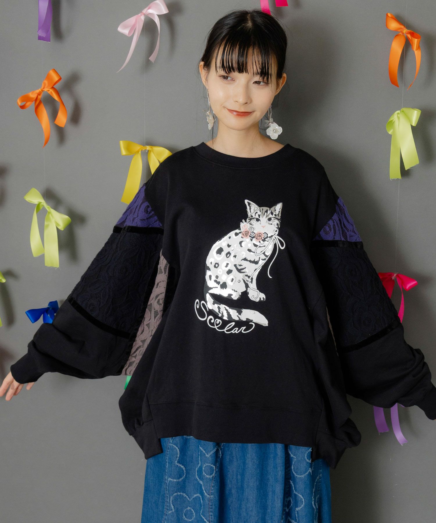 ネコ柄ミニ裏毛×起毛レース配色プルオーバー-2