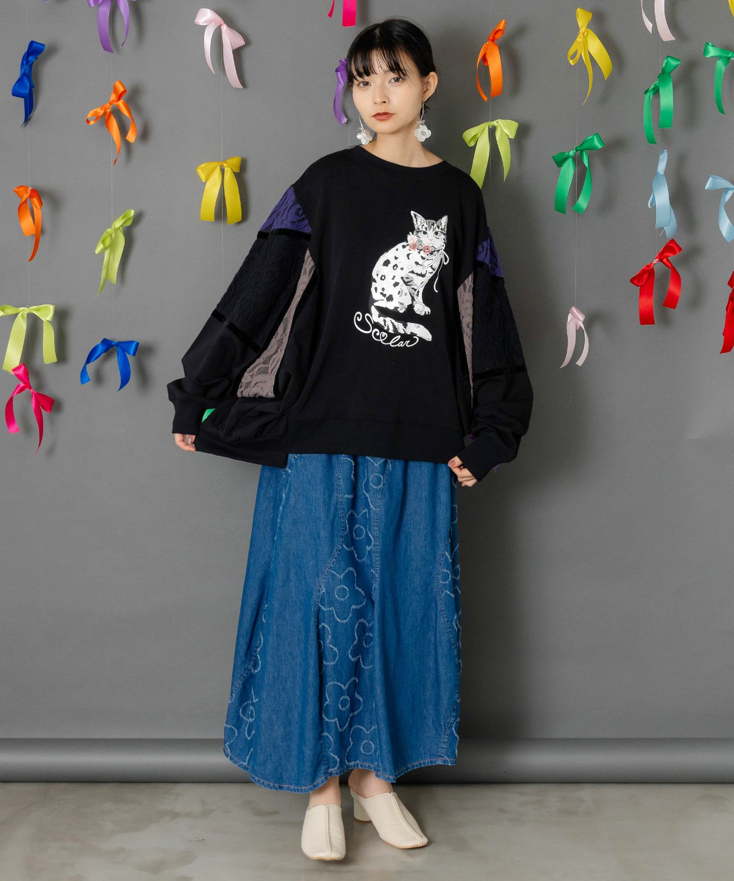 ネコ柄ミニ裏毛×起毛レース配色プルオーバー-3