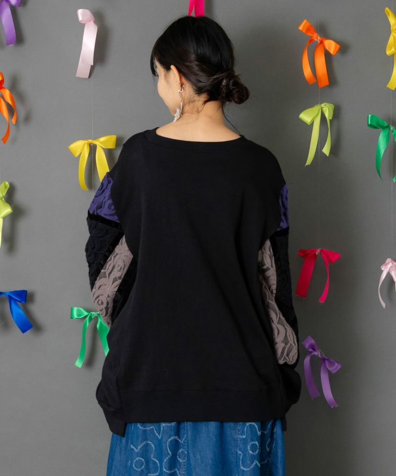 ネコ柄ミニ裏毛×起毛レース配色プルオーバー-5