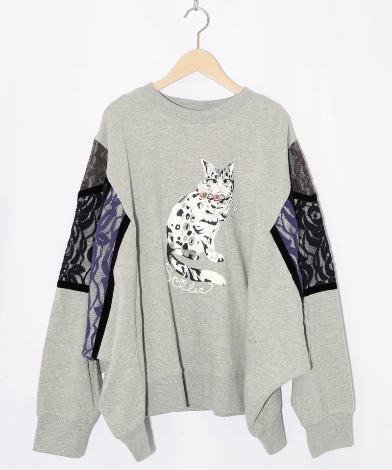 ネコ柄ミニ裏毛×起毛レース配色プルオーバー-10