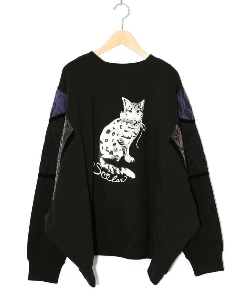 ネコ柄ミニ裏毛×起毛レース配色プルオーバー-12