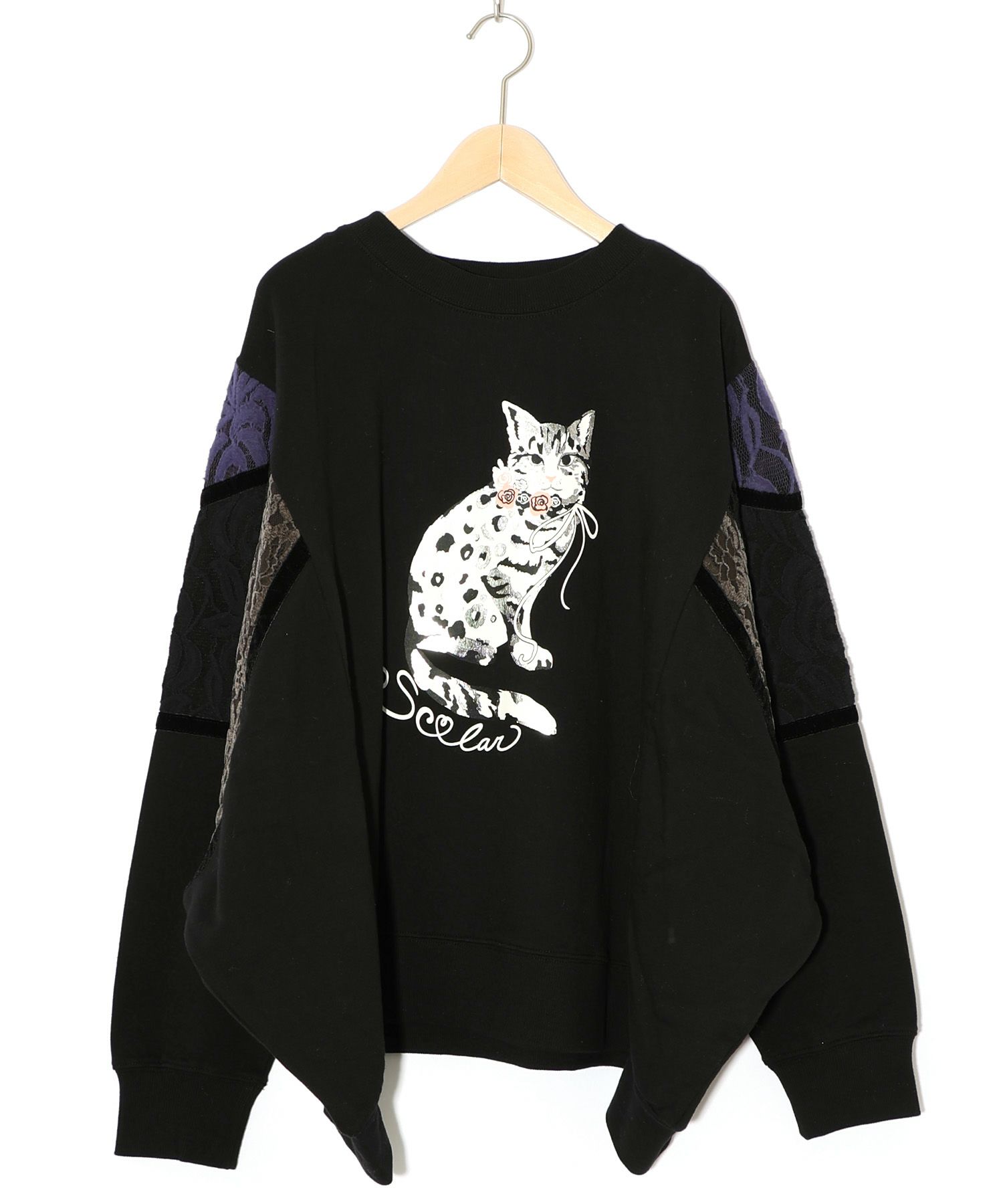 ネコ柄ミニ裏毛×起毛レース配色プルオーバー-12