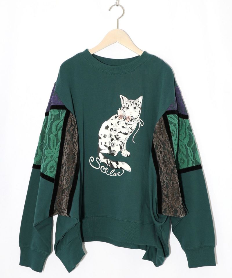 ネコ柄ミニ裏毛×起毛レース配色プルオーバー-14