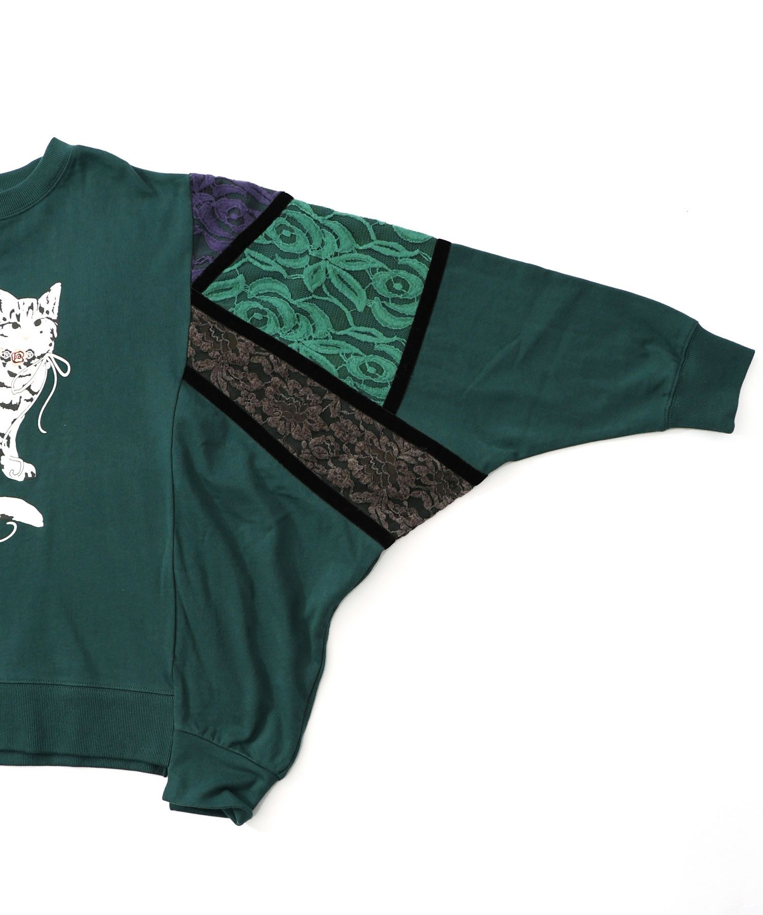 ネコ柄ミニ裏毛×起毛レース配色プルオーバー-17