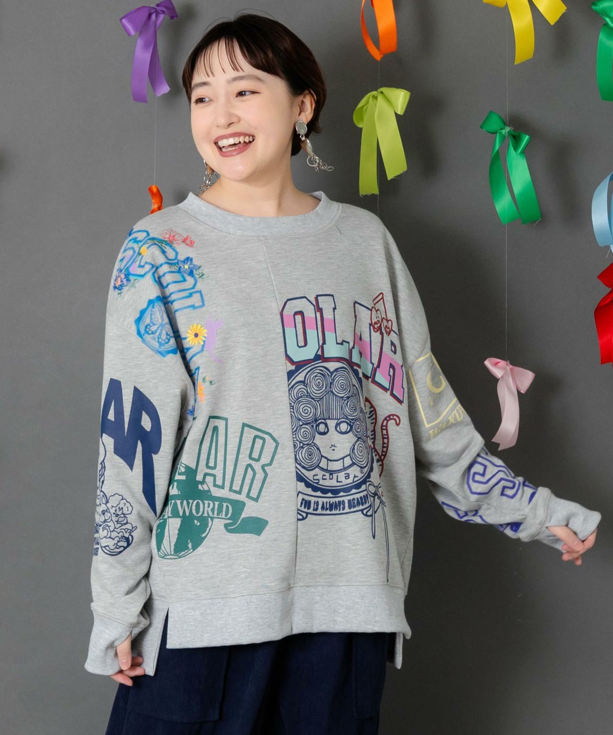 ポップ柄リメイク風ミニ裏毛プルオーバー-1