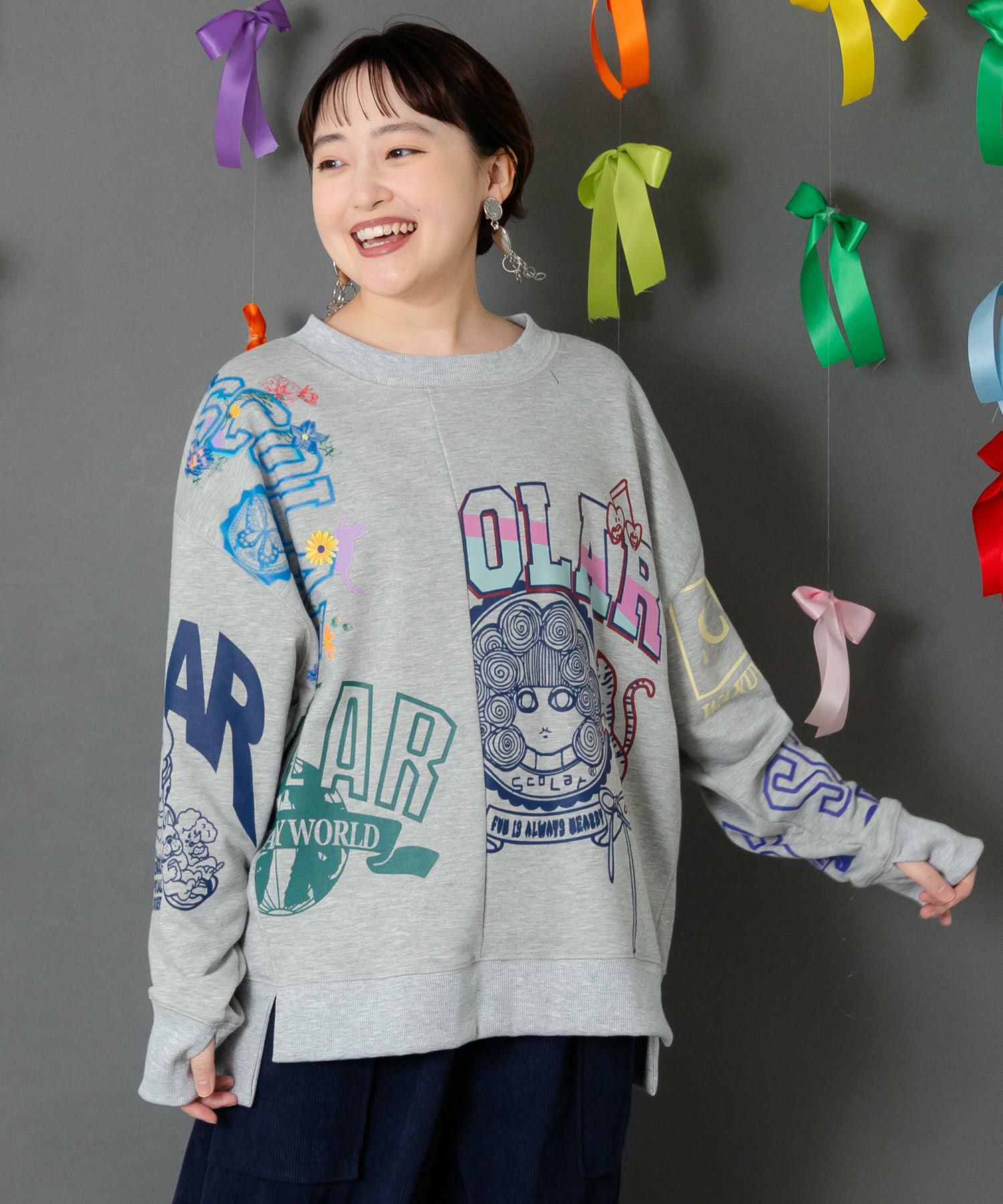 ポップ柄リメイク風ミニ裏毛プルオーバー-1