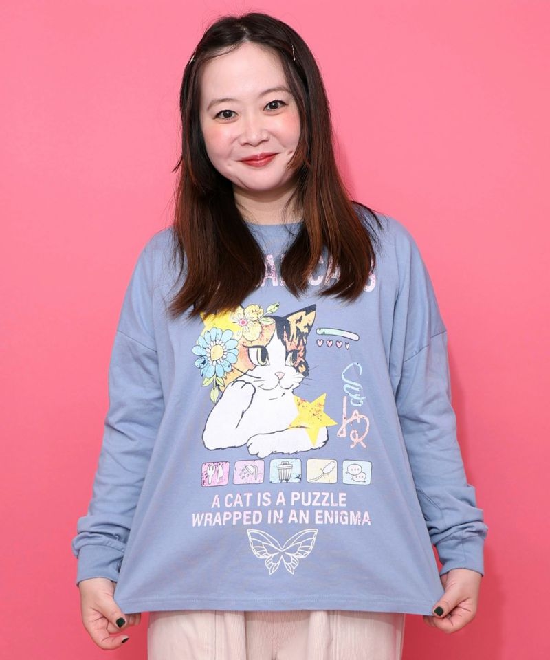 ネコちゃんのデイリールーティン柄ロンT-1