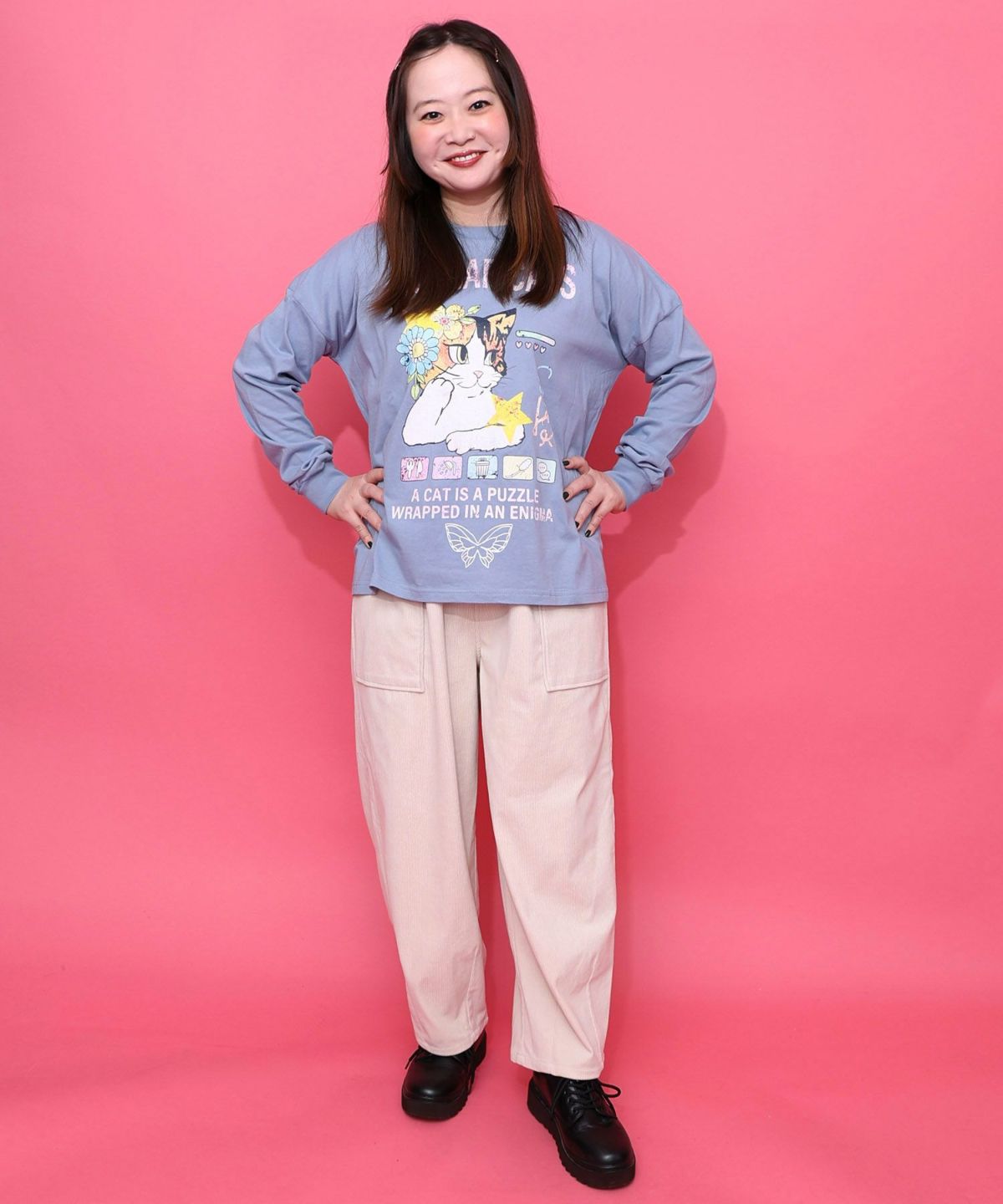 ネコちゃんのデイリールーティン柄ロンT-2