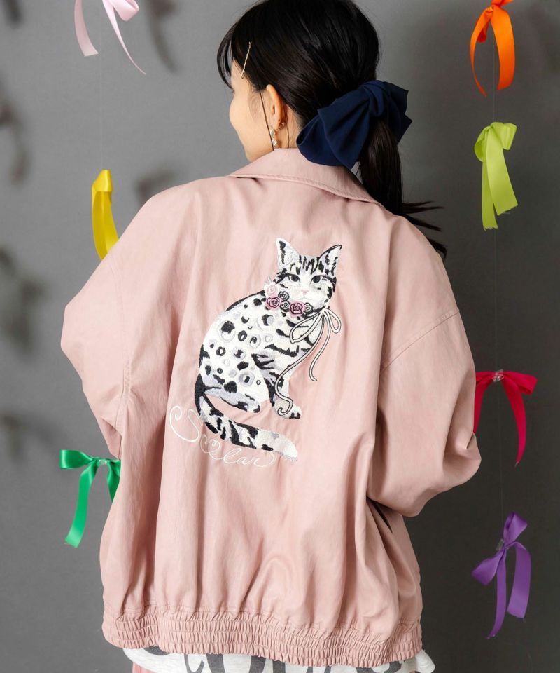 ネコ刺繍フェイクレザー×裏毛ブルゾン-1
