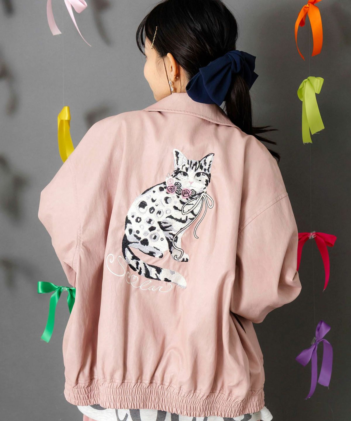 ネコ刺繍フェイクレザー×裏毛ブルゾン-1