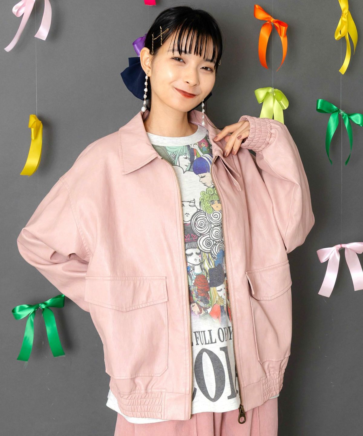 ネコ刺繍フェイクレザー×裏毛ブルゾン-2