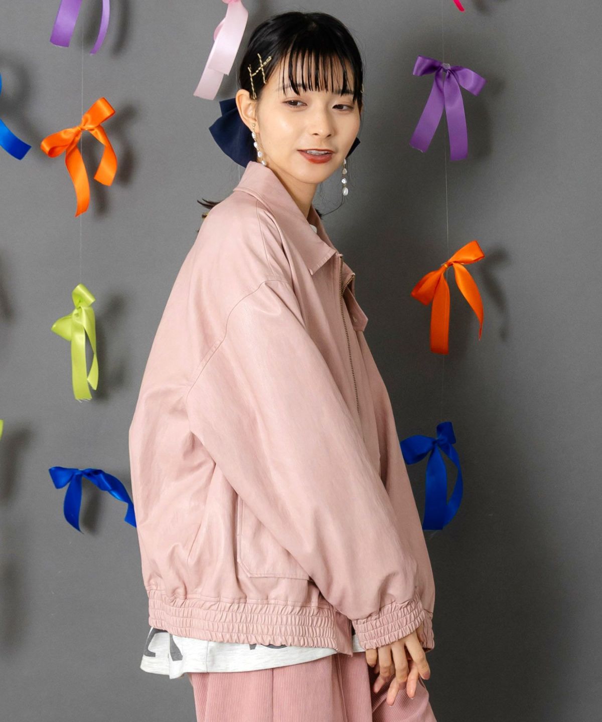 ネコ刺繍フェイクレザー×裏毛ブルゾン-4