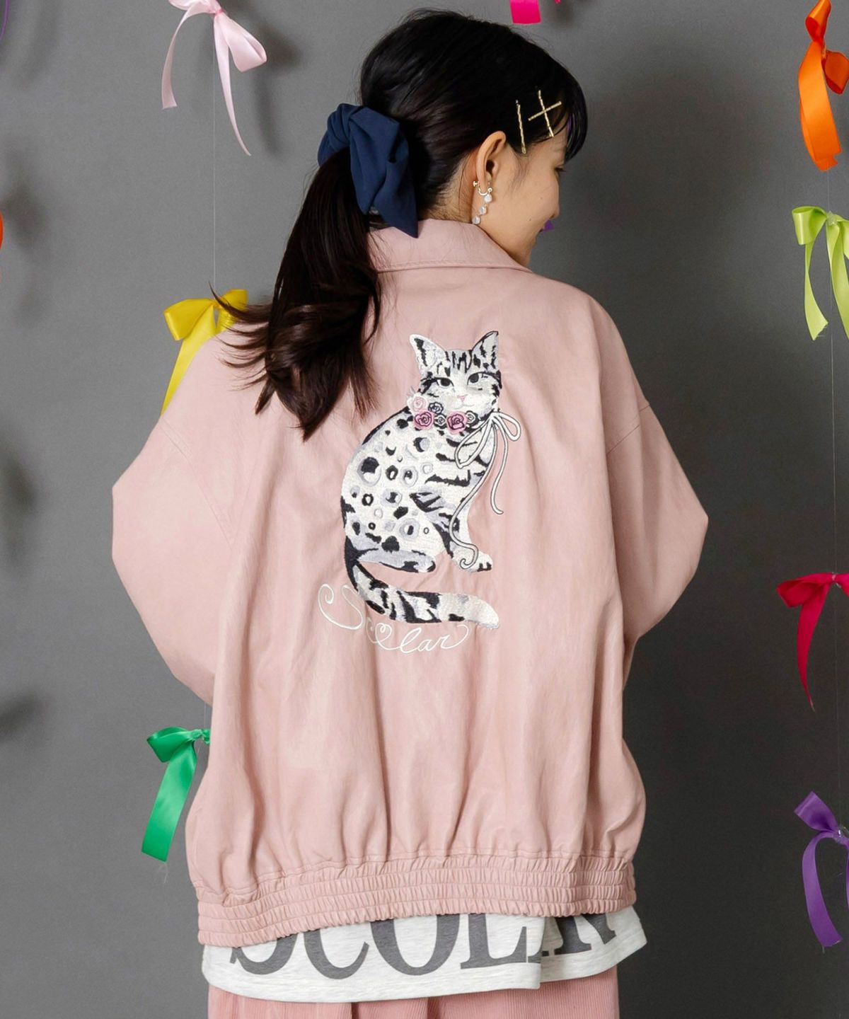 ネコ刺繍フェイクレザー×裏毛ブルゾン-5